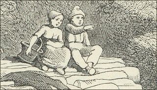 Ib og lille Christine siddende på toppen af kågens bøgekævle. Udsnit